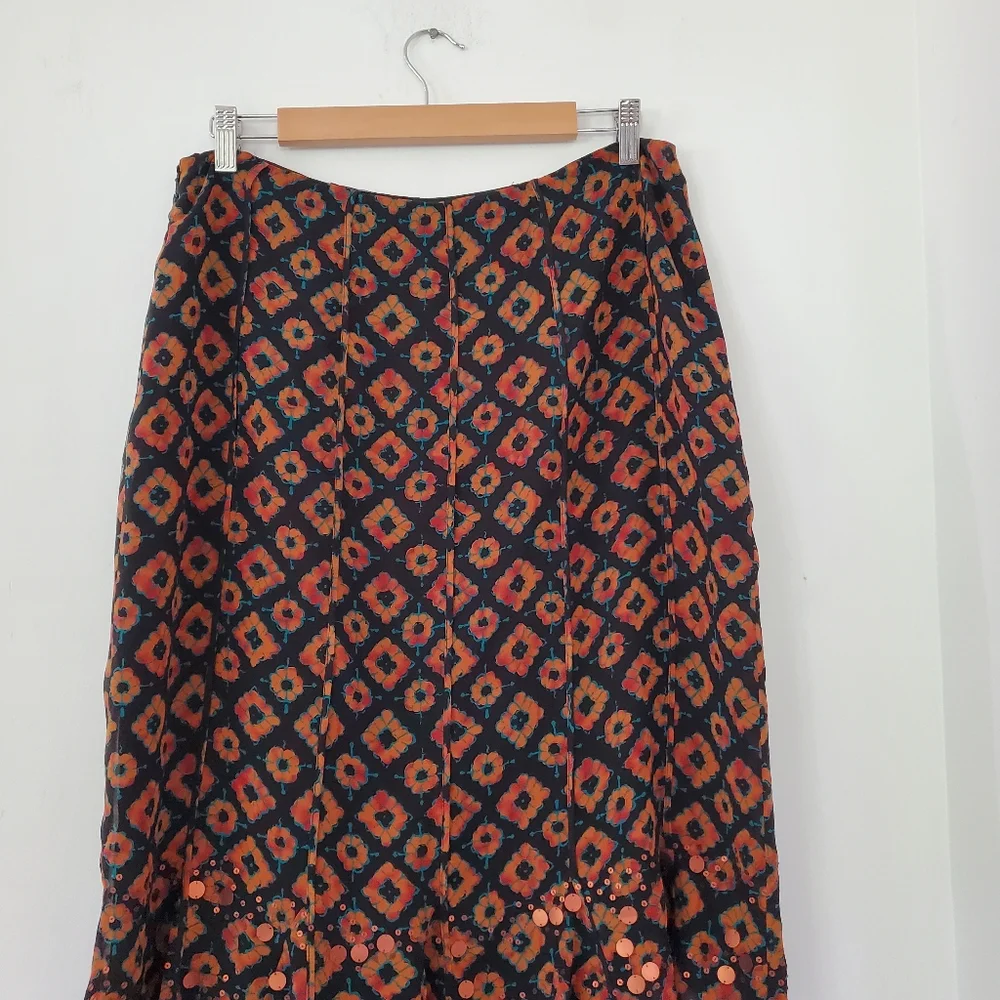 100% Silk Black Rust Print Skirt 12 Copper Sequins Ruffle Hem JONES NEW YORK EUC